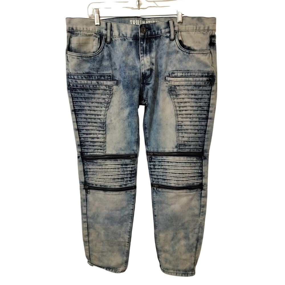 M1280) Trillnation Acid Wash.Ribbwd Biker Streetwear Hip Hop Jeans Size 40/30